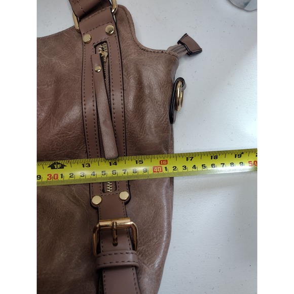 Y2K Taupe Faux Leather Hobo Bag Gold Hardware Buckle Detail Tote Zippers Brown - Picture 8 of 8